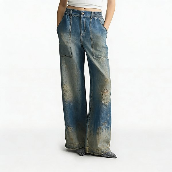 Women's Summer Casual High-Waisted Straight Jeans - Breathable Printed Denim Streetwear